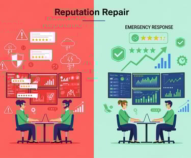 Reputation repair and crisis management transformation showing negative reviews being converted to p