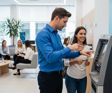 Alt= agencia bancaria homem ajuda mulher surda no caixa eletrônico
