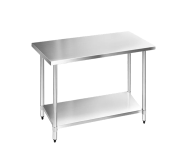A prosumer range stainless steel table with a solid lower shelf and adjustable bullet feet on a white background.