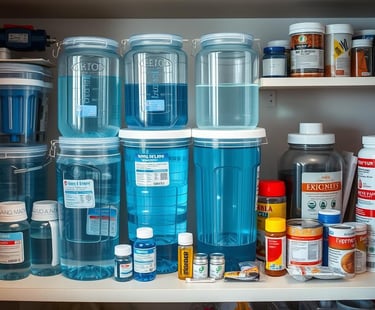 An  emergency water supply setup, featuring multiple clear containers filled with fresh water, 