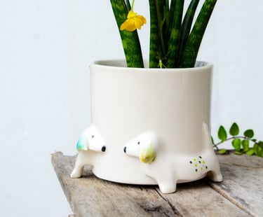 Doxie Mom Dachshund Planter Dog White Ceramic Planter Porcelain, Doxie Wiener Dachshund Gift, 