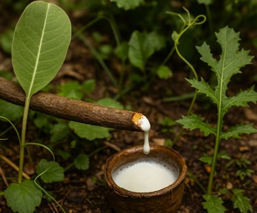 Tapping white plant sap into wood cup for wild foraging and survival use