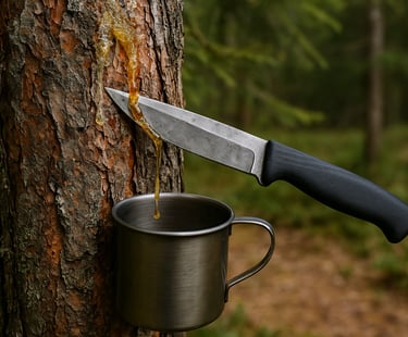 Survival knife collecting pine sap into metal camping mug from tree bark