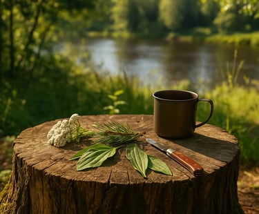 Tree stump with wild herbs knife and mug by river for foraging prep and primitive survival cooking