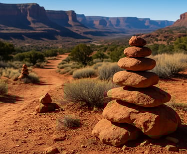 Rock cairn trail marker in desert landscape with mountains, used in navigation and wilderness hiking safety