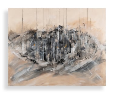 Abstract painting featuring neutral beige tones with bold black and grey expressive brushstrokes.