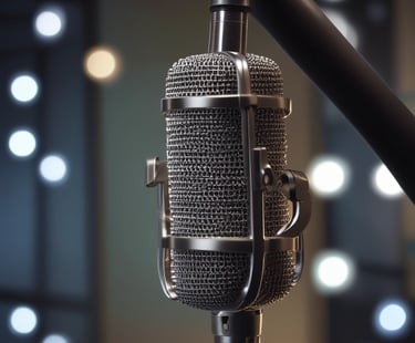 Czarno-szary mikrofon studyjny w grafitowej, metalowej obudowie, w tle nieostre wnętrze studia.