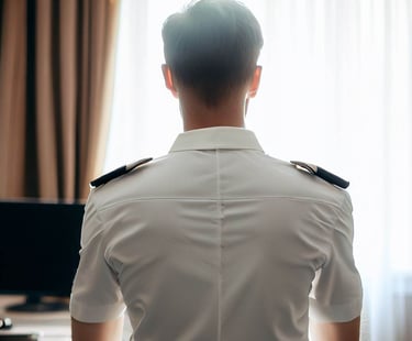 A pilot / aircrew seen from behind in a hotel room
