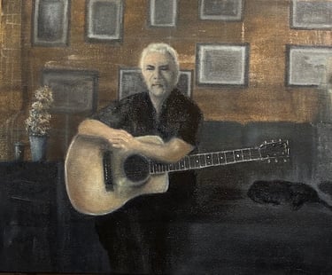 Benji-Folk Guitarist 40.64 x 50.8 cm.  Oil on canvas