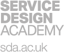 Service Design Academy logo featuring white and grey text with sda.ac.uk website link on a black background.