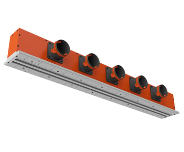 ERGOVENT LINEO-1000 Profile 2-slot linear diffuser body showing five duct connections and mounting frame