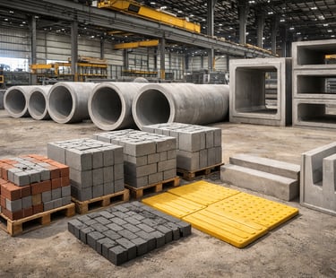Tubos de concreto, aduelas e blocos estruturais armazenados em fábrica para obras