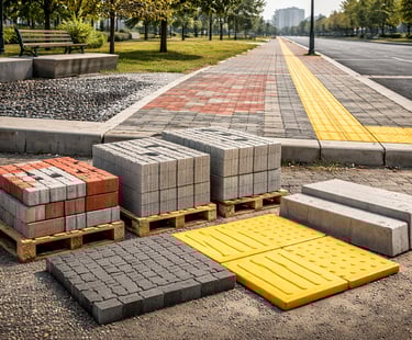 Pavers intertravados, piso tátil e meio-fio de concreto organizados em pallets
