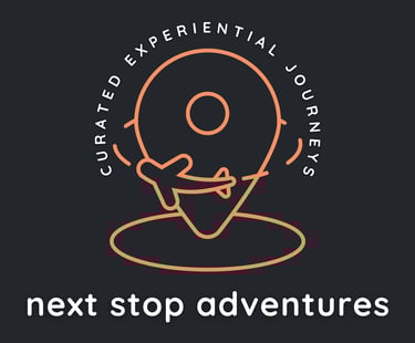 Next Stop Adventures logo featuring an airplane flying around a location pin icon for curated experiential journeys.