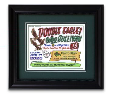 A framed piece of artwork for a golfer's double eagle.  Images include two soaring eagles over the details of the shot.