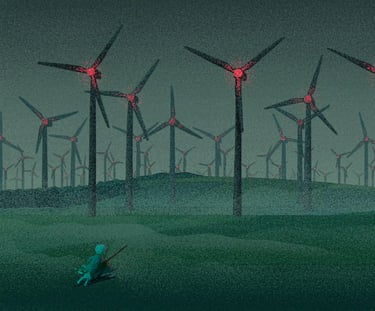 children's book illustration of a painter riding a cat out to face an army of wind turbines at night