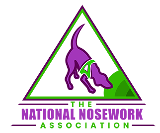 logo for the national nosework association (a green triangle with a purple sniffing dog)