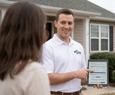 Durham NC contractor explaining roofing gutter and siding project to homeowners
