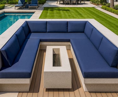 Elegant navy sectional by Solo Home Decor in a luxury backyard with pool, modern fire pit, and lush landscaping.