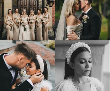 A bride and groom posing for a photo with bridesmaids at wedding
