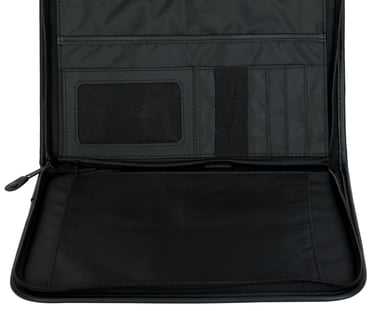 a black conference folder with multiple compartments