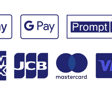 สัญลักษณ์ Apple Pay, G Pay, PromptPay, American Express, JCB, MasterCard, Visa