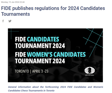 FIDE publishes regulations for 2024 Candidates Chess Tournaments. FIDE Chess. 