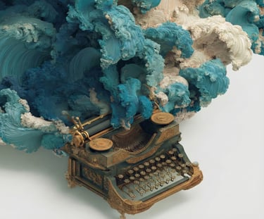 Surreal illustration of a vintage typewriter amidst swirling blue patterns, symbolizing the act of sending a message.
