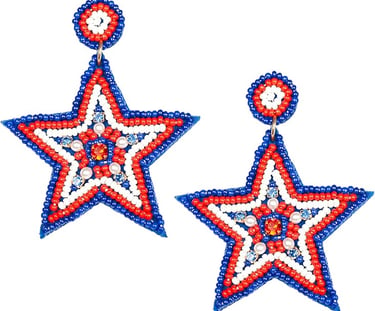 Handmade red white and blue beaded star earrings featuring patriotic fourth of July jewelry accents.
