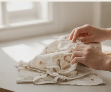 Close up photo of hands carefully folding a soft, patterned fabric swaddle on a light surface.
