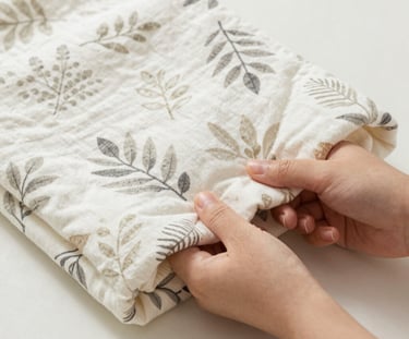 Hands folding a soft organic muslin cotton baby swaddle blanket with a neutral leaf pattern.