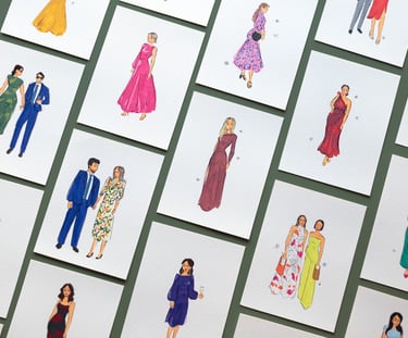 Composición ordenada de retratos de invitados en rotulador acrílico con colores vibrantes sobre fondo oscuro