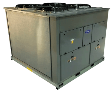 Grey Carrier commercial HVAC air-cooled DX unit with fans