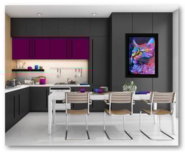 a cat in a kitchen with a purple kitchen