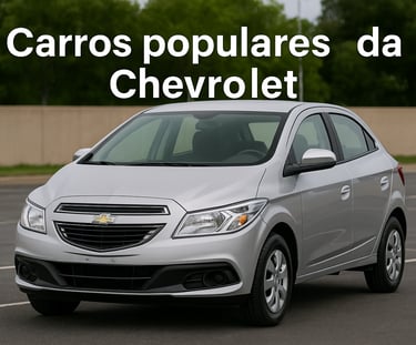 Chevrolet Onix prata estacionado em área aberta, com a frase Carros populares da Chevrolet no topo