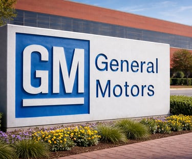 Fachada corporativa da General Motors com logotipo GM em destaque na sede industrial da General Moto
