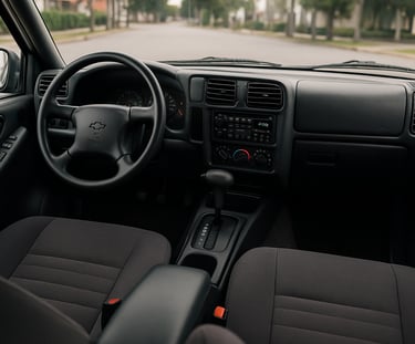 Interior da Chevrolet Blazer dos anos 2000, com volante, painel de instrumentos, rádio e bancos em t