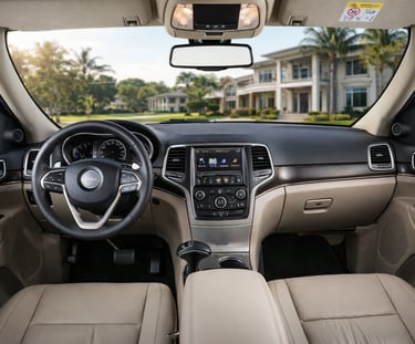 Interior do Jeep Grand Cherokee 2015 com painel, central multimídia e acabamento em couro