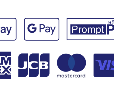 สัญลักษณ์ Apple Pay, G Pay, PromptPay, American Express, JCB, MasterCard, Visa