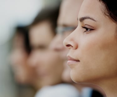 Profile of serious female student in the classroom.