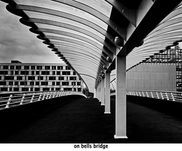 an abstract photograph of bells bridge in black and white