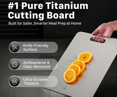 Katuchef titanium cutting board with orange slices, demonstrating its suitability for knives and ant