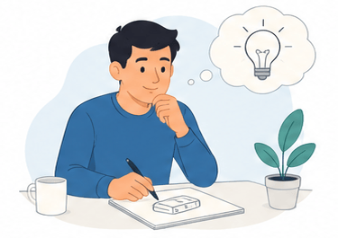 Illustration of an inventor with a product sketch representing an early-stage hardware idea