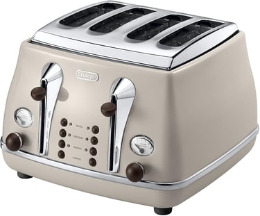 Retro style De'Longhi Icona Vintage 4-slice toaster in cream with chrome accents and bagel settings.