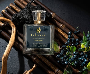Gloxii SAFFRON DUSK perfume bottle with saffron-inspired warm tones.”