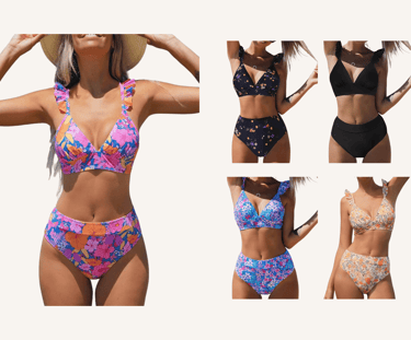 amazon.it cupshe women bikini two 2 piece set high waist bottom floral print ruffle v neck swimsuit 