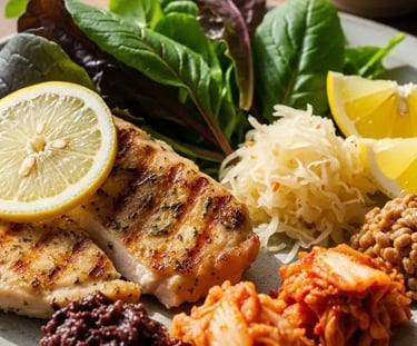 Delicious meal with salmon, greens, sauerkraut, natto, kimchi