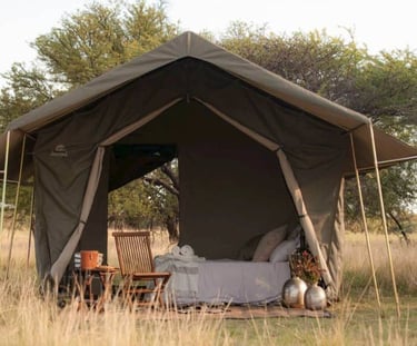 Luxury safari glamping tent with comfortable bedding and wooden furniture in the African Karoo.