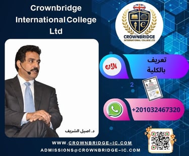 Dr. Aseel Al-Sharif presenting for Crownbridge International College with contact details and QR code.
