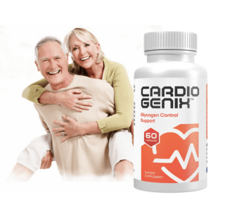 Ældre par smiler og ser sunde ud ved siden af en flaske Cardio Genix – et naturligt kosttilskud til 